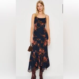 Reformation Navy and Brown Floral Maxi Dress